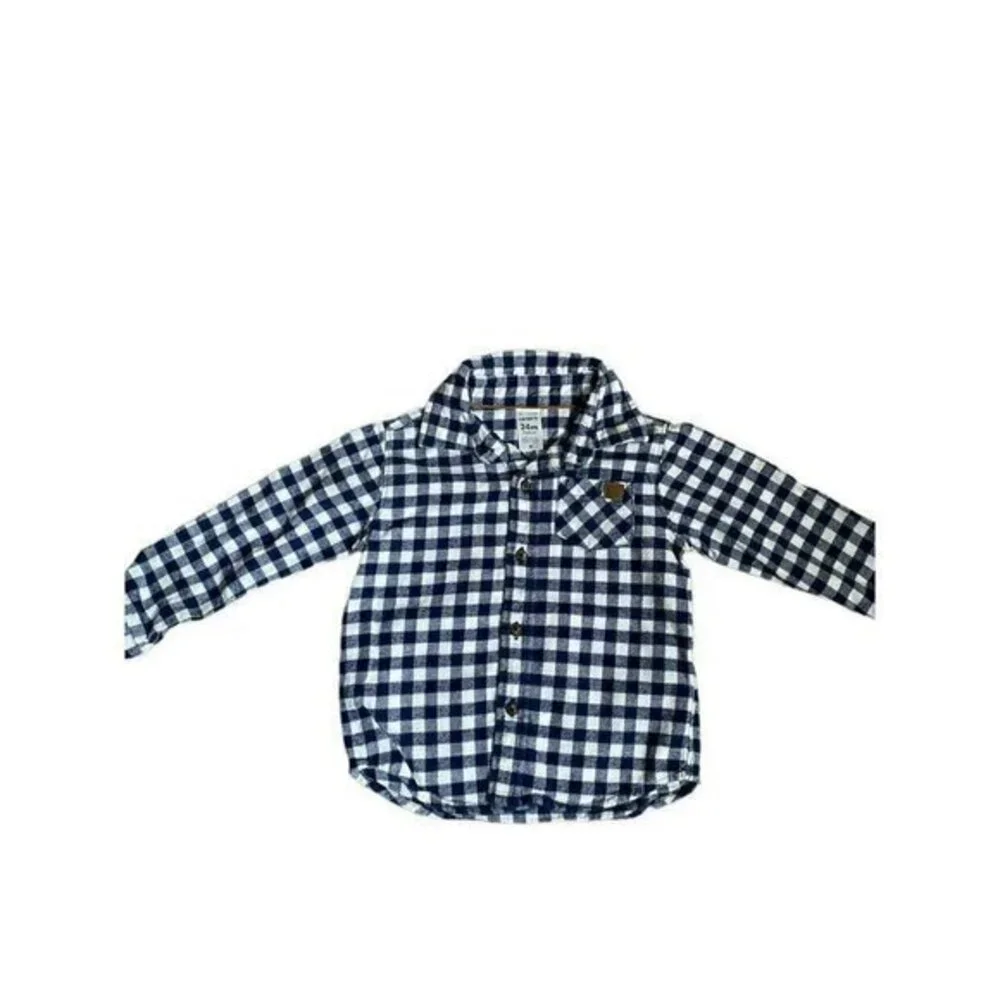 Navy Check Button Up Long Sleeve Shirt